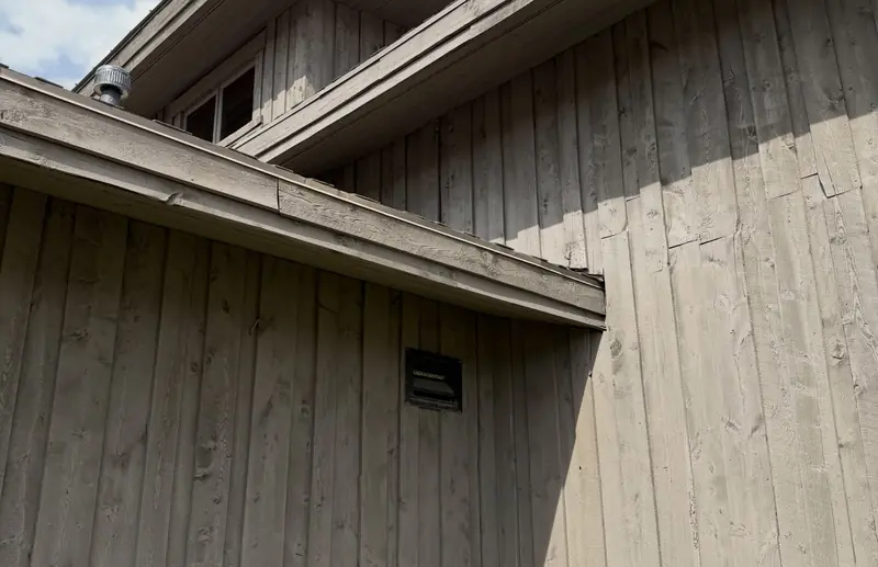 Close-up of refinished wood siding and eave on the equestrian facility at Promontory, Park City, Utah