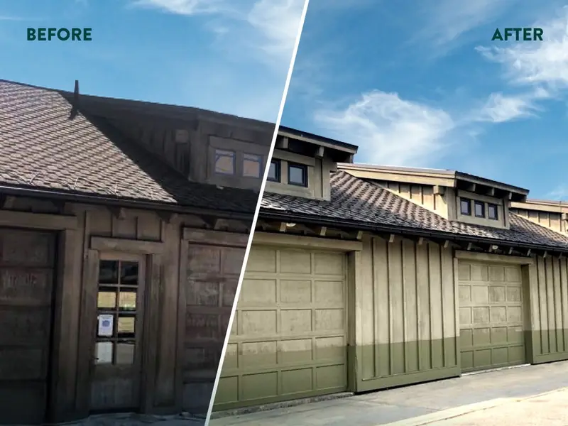 Before and after: weathered garage siding and doors restained, with a liquid-rubber waterproofing band along the base, in Promontory, Park City, Utah